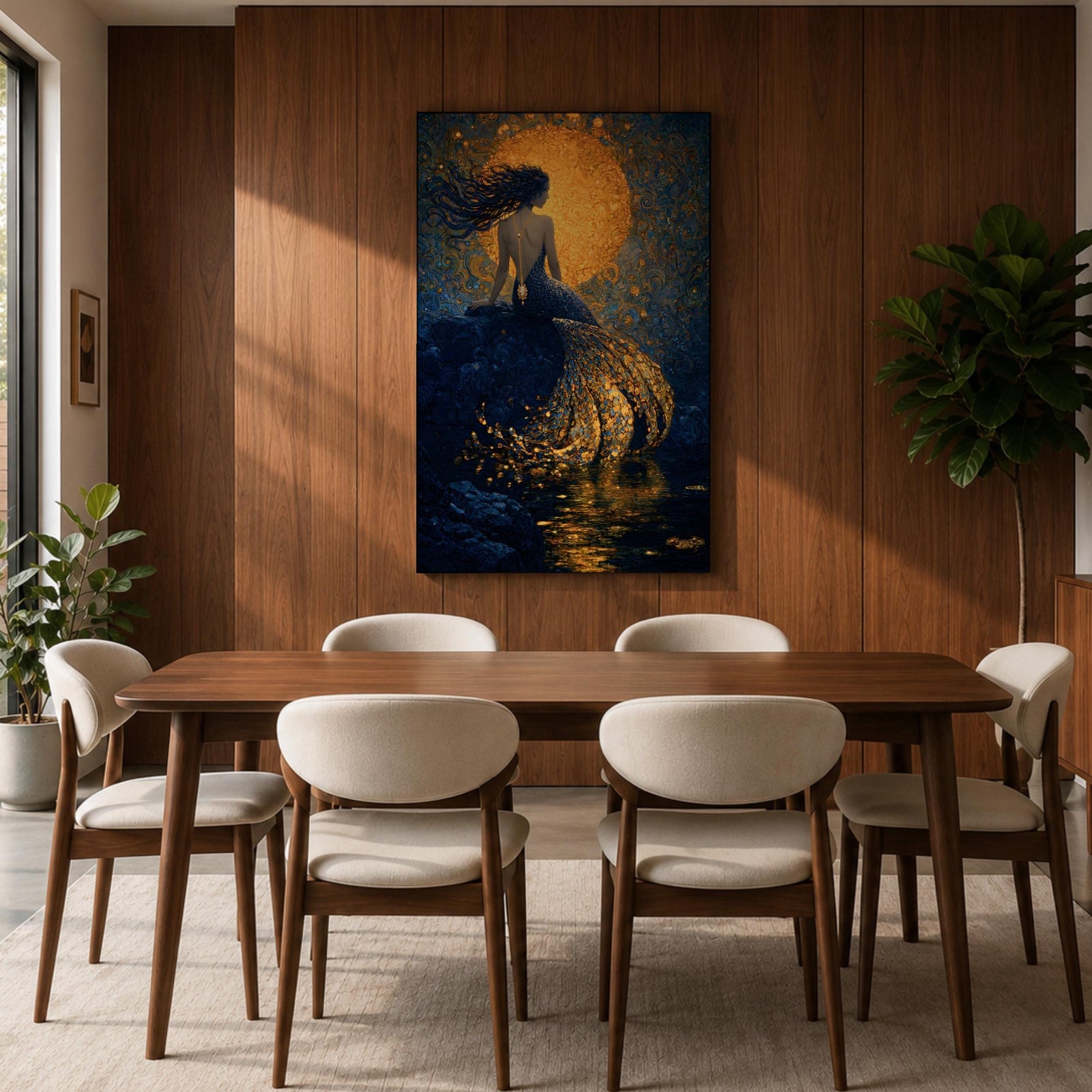 A rich fantasy painting of a mermaid seated on a rocky shore beneath a glowing golden moon, her long flowing hair swept to the side as her detailed tail shimmers with layered gold scales cascading into reflective water, set against deep blue swirling textures that create a dramatic and luminous ocean mythology scene.