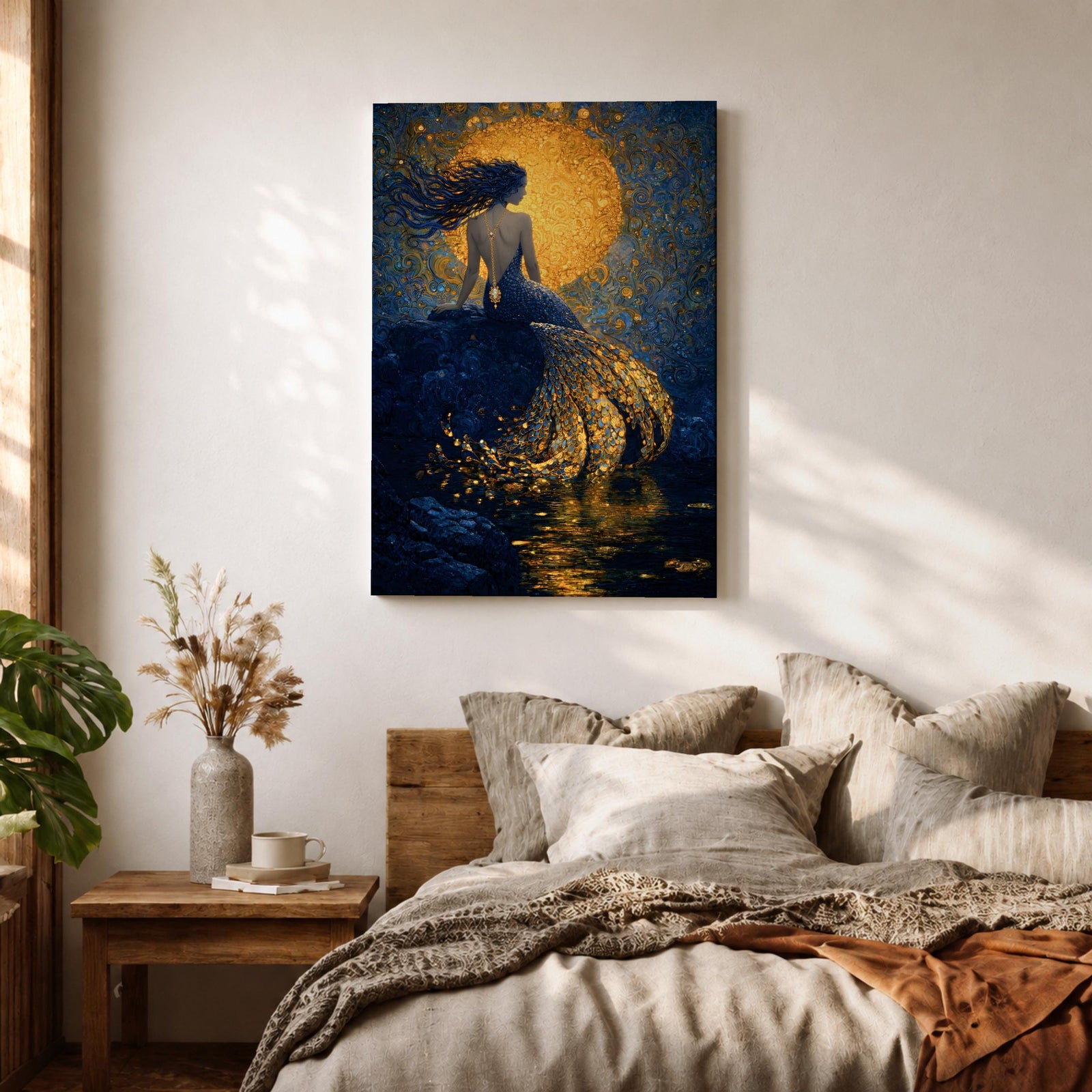 A rich fantasy painting of a mermaid seated on a rocky shore beneath a glowing golden moon, her long flowing hair swept to the side as her detailed tail shimmers with layered gold scales cascading into reflective water, set against deep blue swirling textures that create a dramatic and luminous ocean mythology scene.