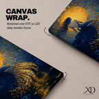 A rich fantasy painting of a mermaid seated on a rocky shore beneath a glowing golden moon, her long flowing hair swept to the side as her detailed tail shimmers with layered gold scales cascading into reflective water, set against deep blue swirling textures that create a dramatic and luminous ocean mythology scene.