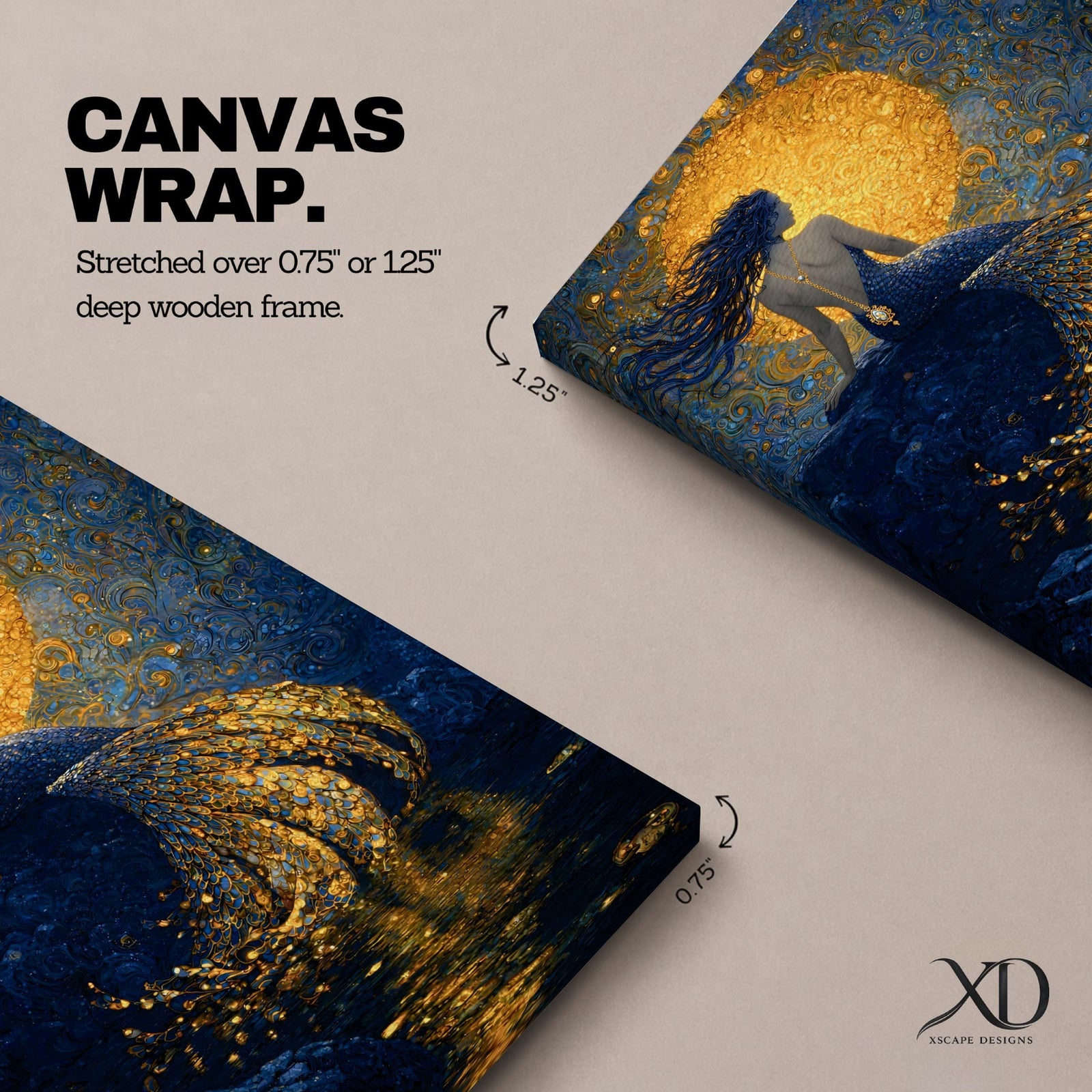 A rich fantasy painting of a mermaid seated on a rocky shore beneath a glowing golden moon, her long flowing hair swept to the side as her detailed tail shimmers with layered gold scales cascading into reflective water, set against deep blue swirling textures that create a dramatic and luminous ocean mythology scene.