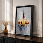 An impasto style painting of a chandelier with multiple lit lampshades and hanging crystals rendered in thick textured brushstrokes. The artwork captures the ornate details and warm glow of the chandelier against a soft, muted background, emphasizing its elegant and decorative form.