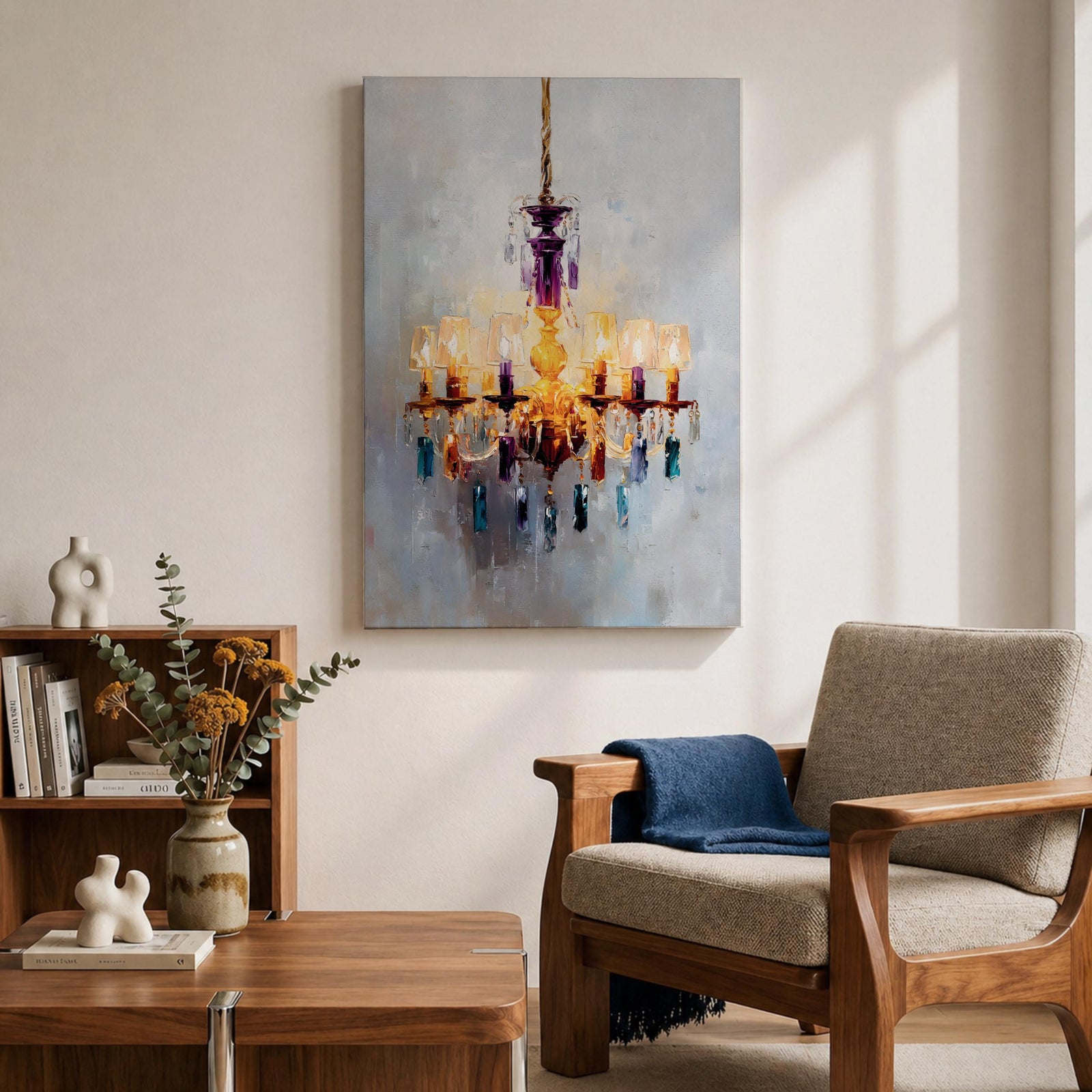 An impasto style painting of a chandelier with multiple lit lampshades and hanging crystals rendered in thick textured brushstrokes. The artwork captures the ornate details and warm glow of the chandelier against a soft, muted background, emphasizing its elegant and decorative form.