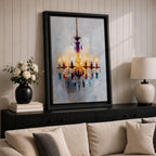 An impasto style painting of a chandelier with multiple lit lampshades and hanging crystals rendered in thick textured brushstrokes. The artwork captures the ornate details and warm glow of the chandelier against a soft, muted background, emphasizing its elegant and decorative form.
