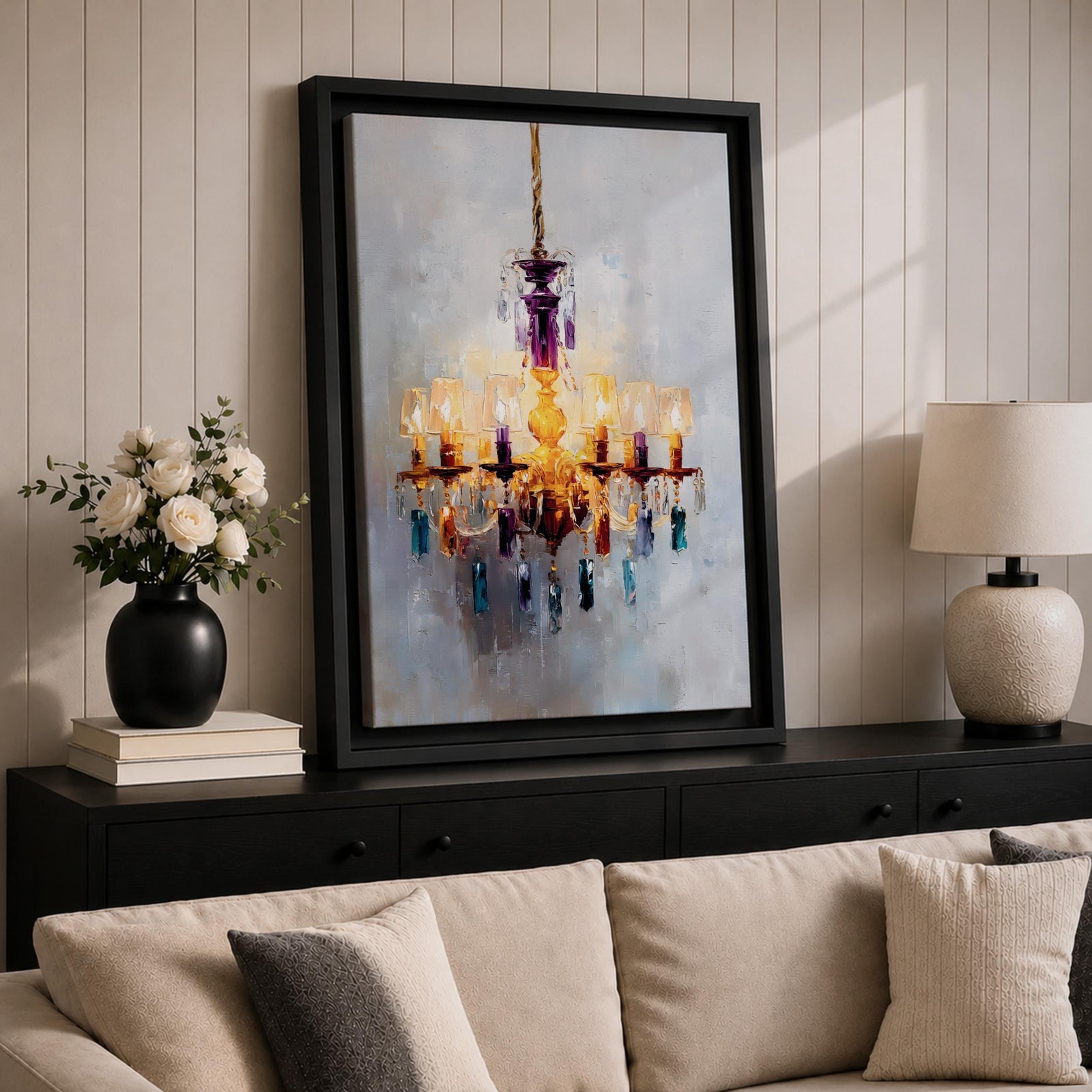 An impasto style painting of a chandelier with multiple lit lampshades and hanging crystals rendered in thick textured brushstrokes. The artwork captures the ornate details and warm glow of the chandelier against a soft, muted background, emphasizing its elegant and decorative form.