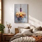 An impasto style painting of a chandelier with multiple lit lampshades and hanging crystals rendered in thick textured brushstrokes. The artwork captures the ornate details and warm glow of the chandelier against a soft, muted background, emphasizing its elegant and decorative form.