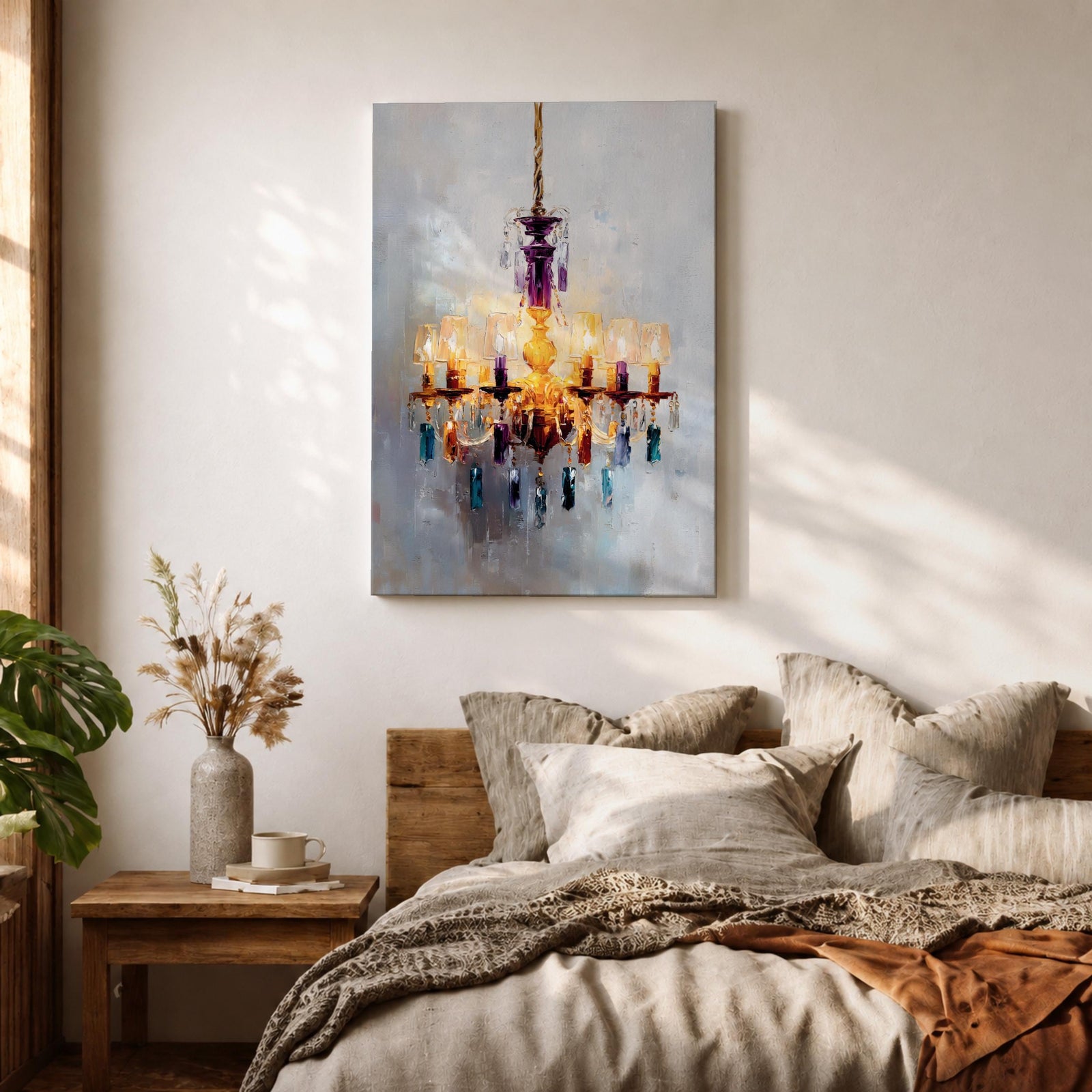 An impasto style painting of a chandelier with multiple lit lampshades and hanging crystals rendered in thick textured brushstrokes. The artwork captures the ornate details and warm glow of the chandelier against a soft, muted background, emphasizing its elegant and decorative form.