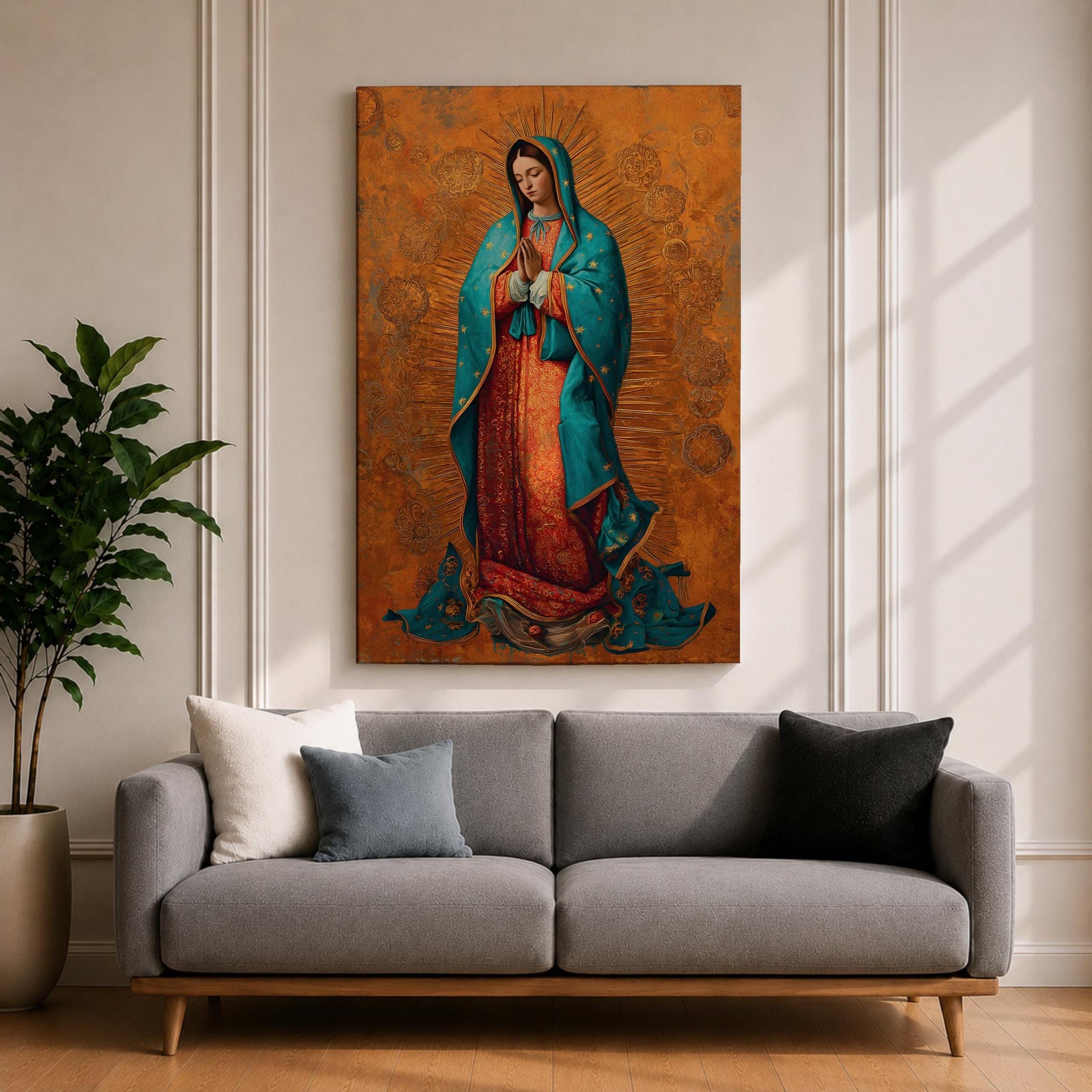 A richly detailed depiction of Our Lady of Guadalupe with hands folded in prayer, wearing a teal mantle adorned with gold accents over a red gown, surrounded by radiant golden patterns on a warm textured background, creating a sacred and reverent atmosphere.