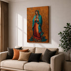 A richly detailed depiction of Our Lady of Guadalupe with hands folded in prayer, wearing a teal mantle adorned with gold accents over a red gown, surrounded by radiant golden patterns on a warm textured background, creating a sacred and reverent atmosphere.