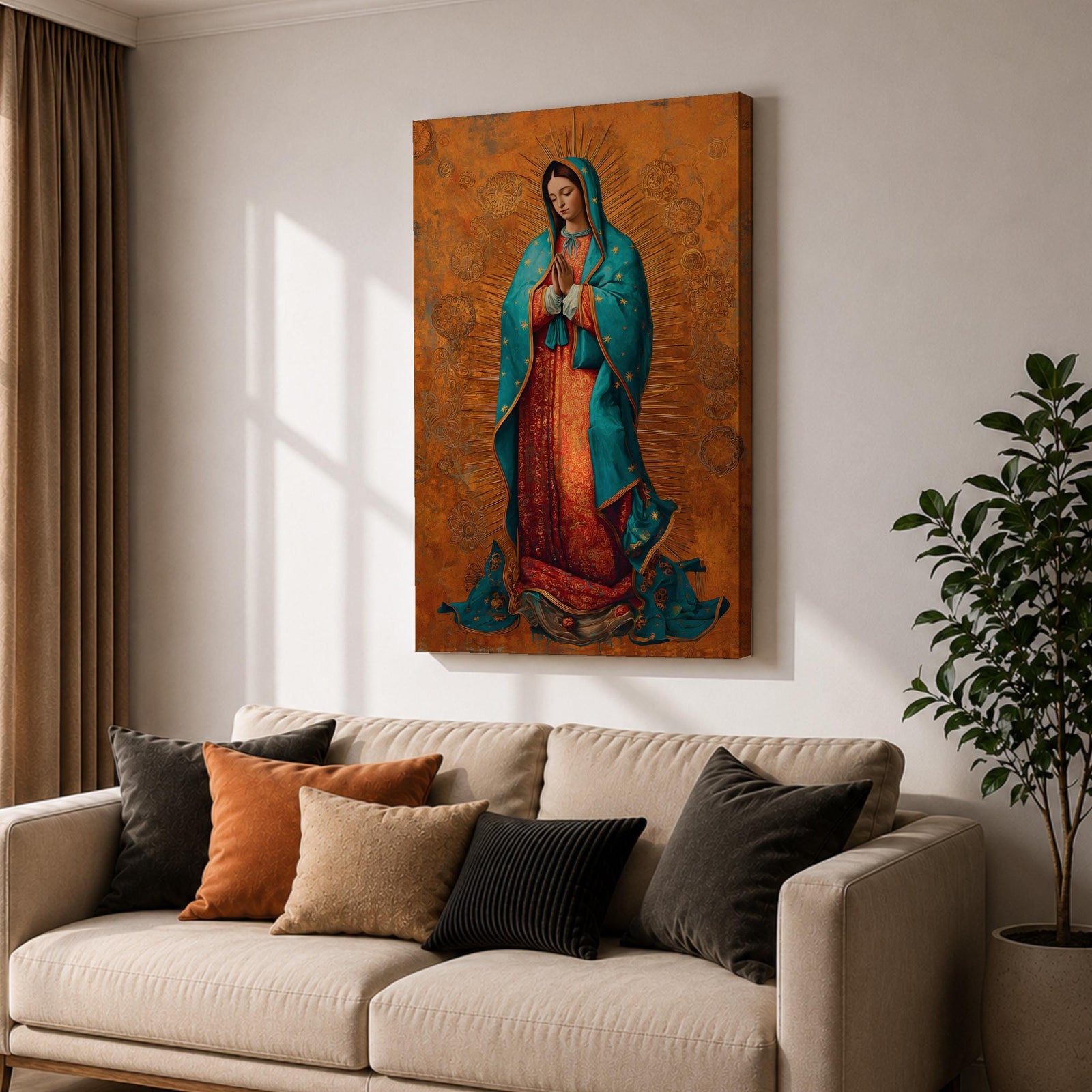 A richly detailed depiction of Our Lady of Guadalupe with hands folded in prayer, wearing a teal mantle adorned with gold accents over a red gown, surrounded by radiant golden patterns on a warm textured background, creating a sacred and reverent atmosphere.