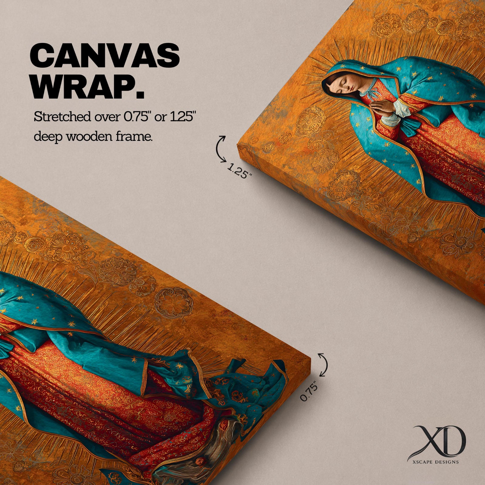A richly detailed depiction of Our Lady of Guadalupe with hands folded in prayer, wearing a teal mantle adorned with gold accents over a red gown, surrounded by radiant golden patterns on a warm textured background, creating a sacred and reverent atmosphere.