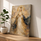 A detailed painting of Our Lady of Fatima, depicting a crowned Virgin Mary with hands clasped in prayer, wearing flowing robes with gold accents and a halo, surrounded by a soft, ethereal cloud background, rendered in a classic religious style.