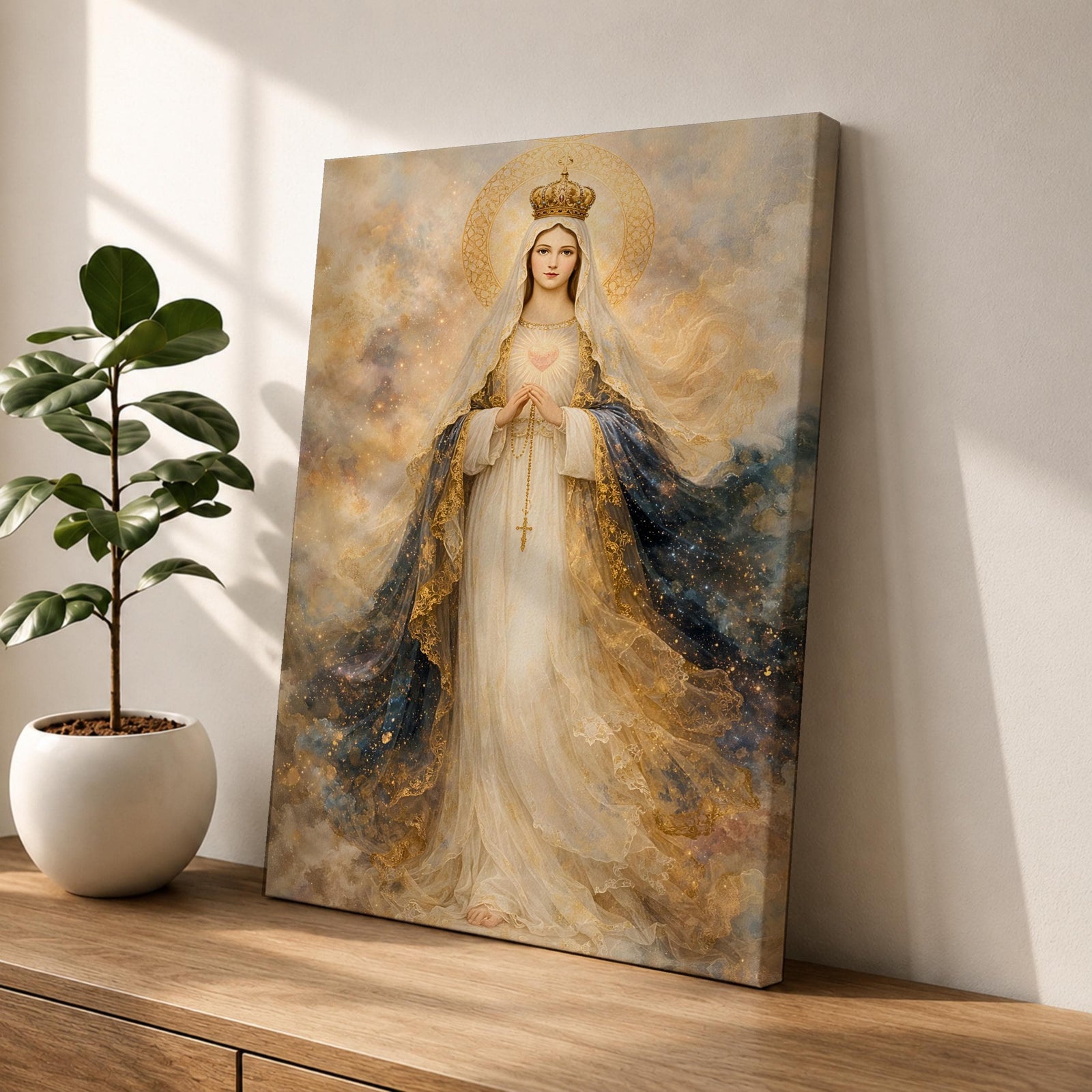 A detailed painting of Our Lady of Fatima, depicting a crowned Virgin Mary with hands clasped in prayer, wearing flowing robes with gold accents and a halo, surrounded by a soft, ethereal cloud background, rendered in a classic religious style.