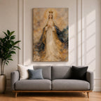 A detailed painting of Our Lady of Fatima, depicting a crowned Virgin Mary with hands clasped in prayer, wearing flowing robes with gold accents and a halo, surrounded by a soft, ethereal cloud background, rendered in a classic religious style.