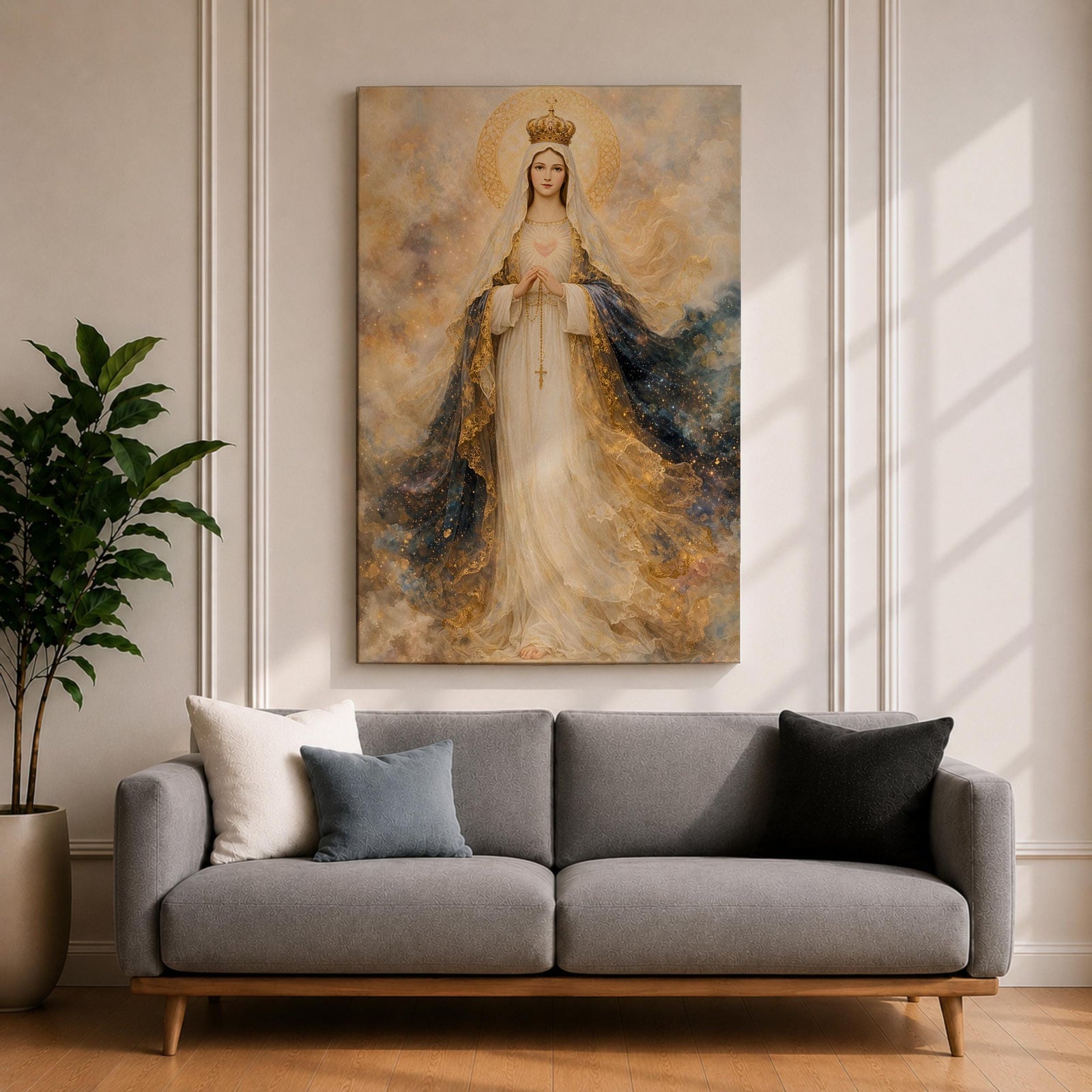 A detailed painting of Our Lady of Fatima, depicting a crowned Virgin Mary with hands clasped in prayer, wearing flowing robes with gold accents and a halo, surrounded by a soft, ethereal cloud background, rendered in a classic religious style.