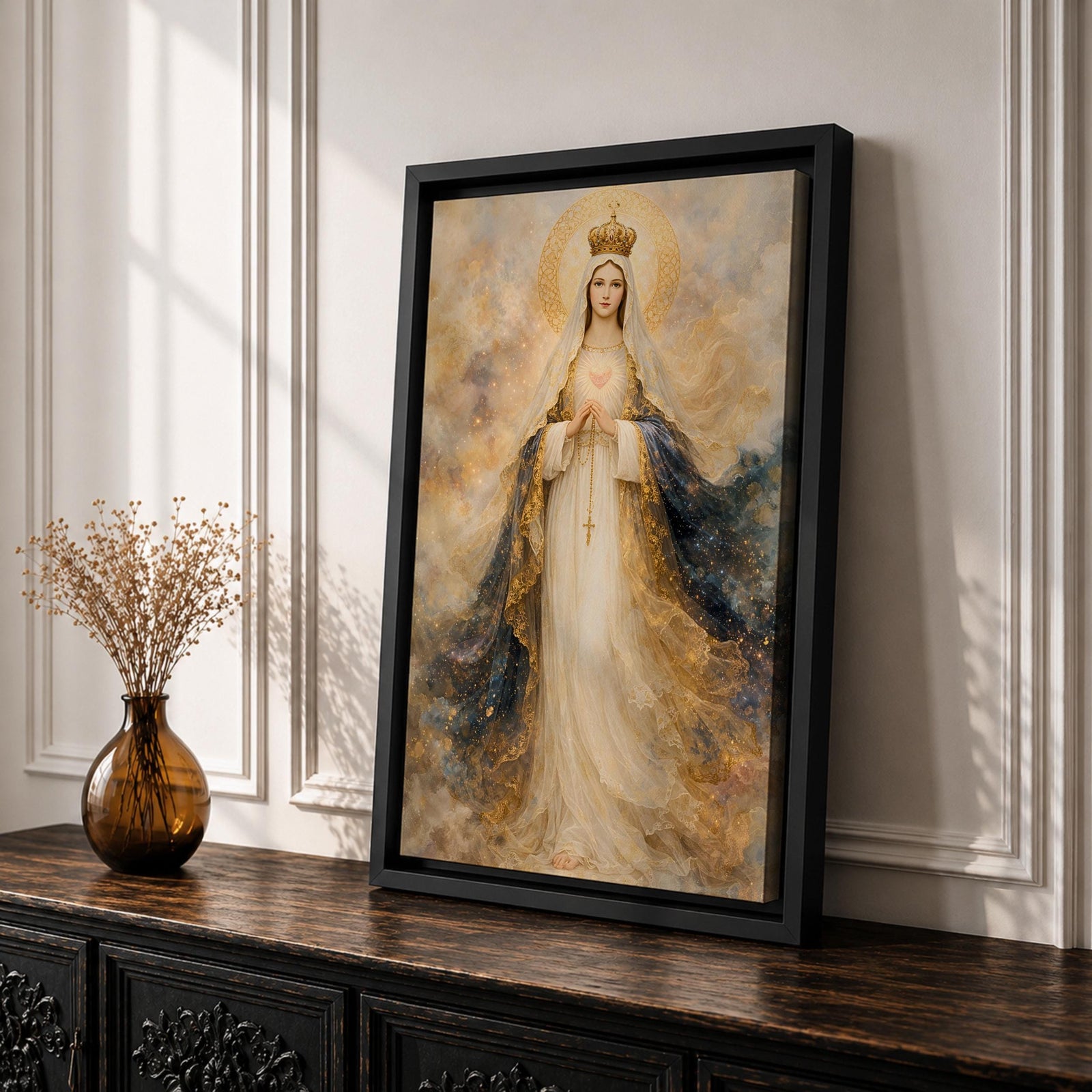 A detailed painting of Our Lady of Fatima, depicting a crowned Virgin Mary with hands clasped in prayer, wearing flowing robes with gold accents and a halo, surrounded by a soft, ethereal cloud background, rendered in a classic religious style.