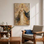 A detailed painting of Our Lady of Fatima, depicting a crowned Virgin Mary with hands clasped in prayer, wearing flowing robes with gold accents and a halo, surrounded by a soft, ethereal cloud background, rendered in a classic religious style.