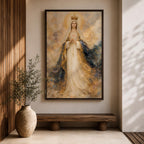 A detailed painting of Our Lady of Fatima, depicting a crowned Virgin Mary with hands clasped in prayer, wearing flowing robes with gold accents and a halo, surrounded by a soft, ethereal cloud background, rendered in a classic religious style.