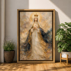 A detailed painting of Our Lady of Fatima, depicting a crowned Virgin Mary with hands clasped in prayer, wearing flowing robes with gold accents and a halo, surrounded by a soft, ethereal cloud background, rendered in a classic religious style.