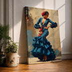 An expressive artwork of a flamenco dancer wearing a deep blue ruffled dress with polka dot patterns, posed mid movement with hands on her hips, adorned with red flowers, rendered in dynamic brushstrokes that capture motion, texture, and the bold energy of traditional Spanish dance.