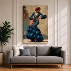 An expressive artwork of a flamenco dancer wearing a deep blue ruffled dress with polka dot patterns, posed mid movement with hands on her hips, adorned with red flowers, rendered in dynamic brushstrokes that capture motion, texture, and the bold energy of traditional Spanish dance.