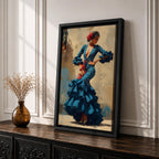An expressive artwork of a flamenco dancer wearing a deep blue ruffled dress with polka dot patterns, posed mid movement with hands on her hips, adorned with red flowers, rendered in dynamic brushstrokes that capture motion, texture, and the bold energy of traditional Spanish dance.