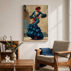 An expressive artwork of a flamenco dancer wearing a deep blue ruffled dress with polka dot patterns, posed mid movement with hands on her hips, adorned with red flowers, rendered in dynamic brushstrokes that capture motion, texture, and the bold energy of traditional Spanish dance.
