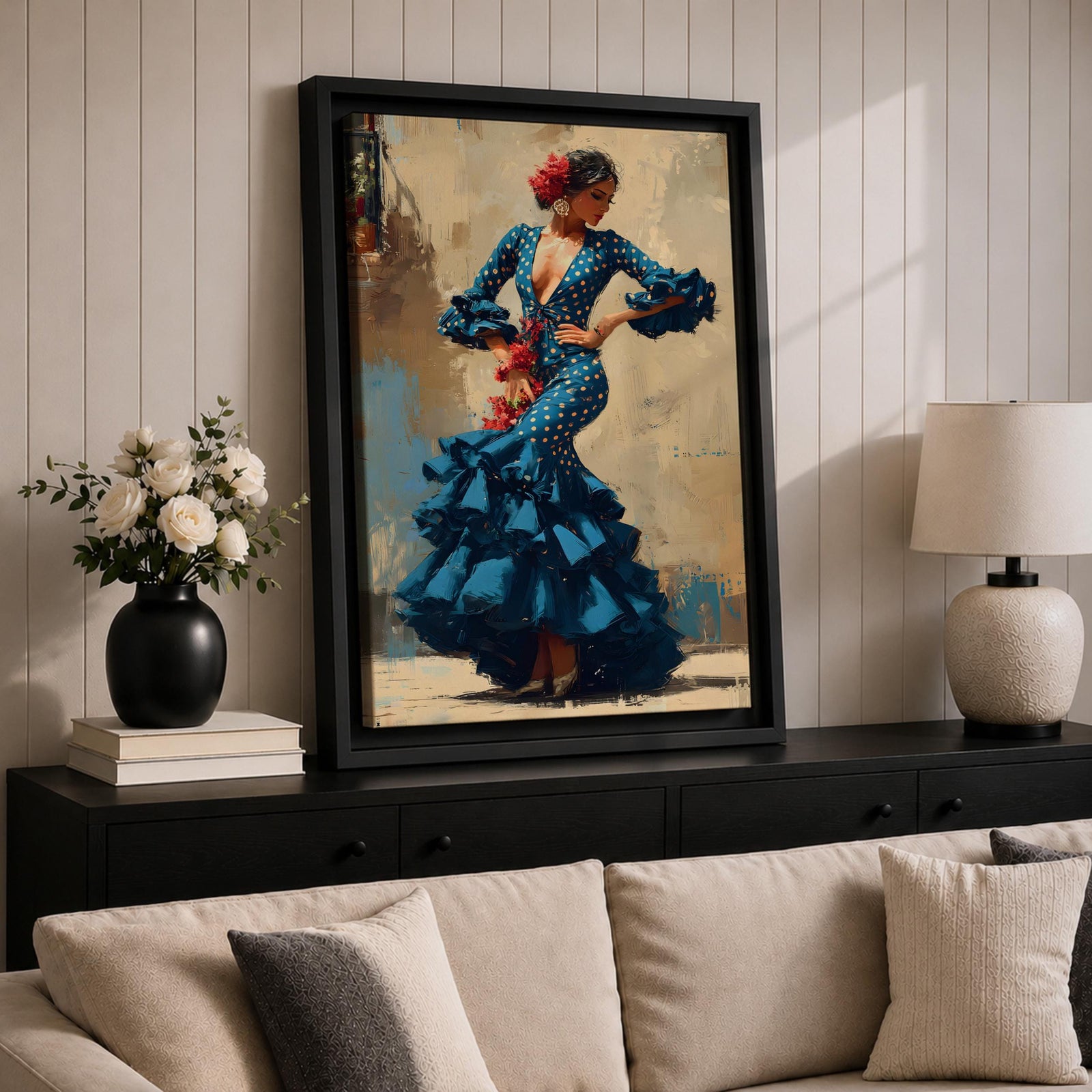 An expressive artwork of a flamenco dancer wearing a deep blue ruffled dress with polka dot patterns, posed mid movement with hands on her hips, adorned with red flowers, rendered in dynamic brushstrokes that capture motion, texture, and the bold energy of traditional Spanish dance.
