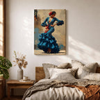 An expressive artwork of a flamenco dancer wearing a deep blue ruffled dress with polka dot patterns, posed mid movement with hands on her hips, adorned with red flowers, rendered in dynamic brushstrokes that capture motion, texture, and the bold energy of traditional Spanish dance.