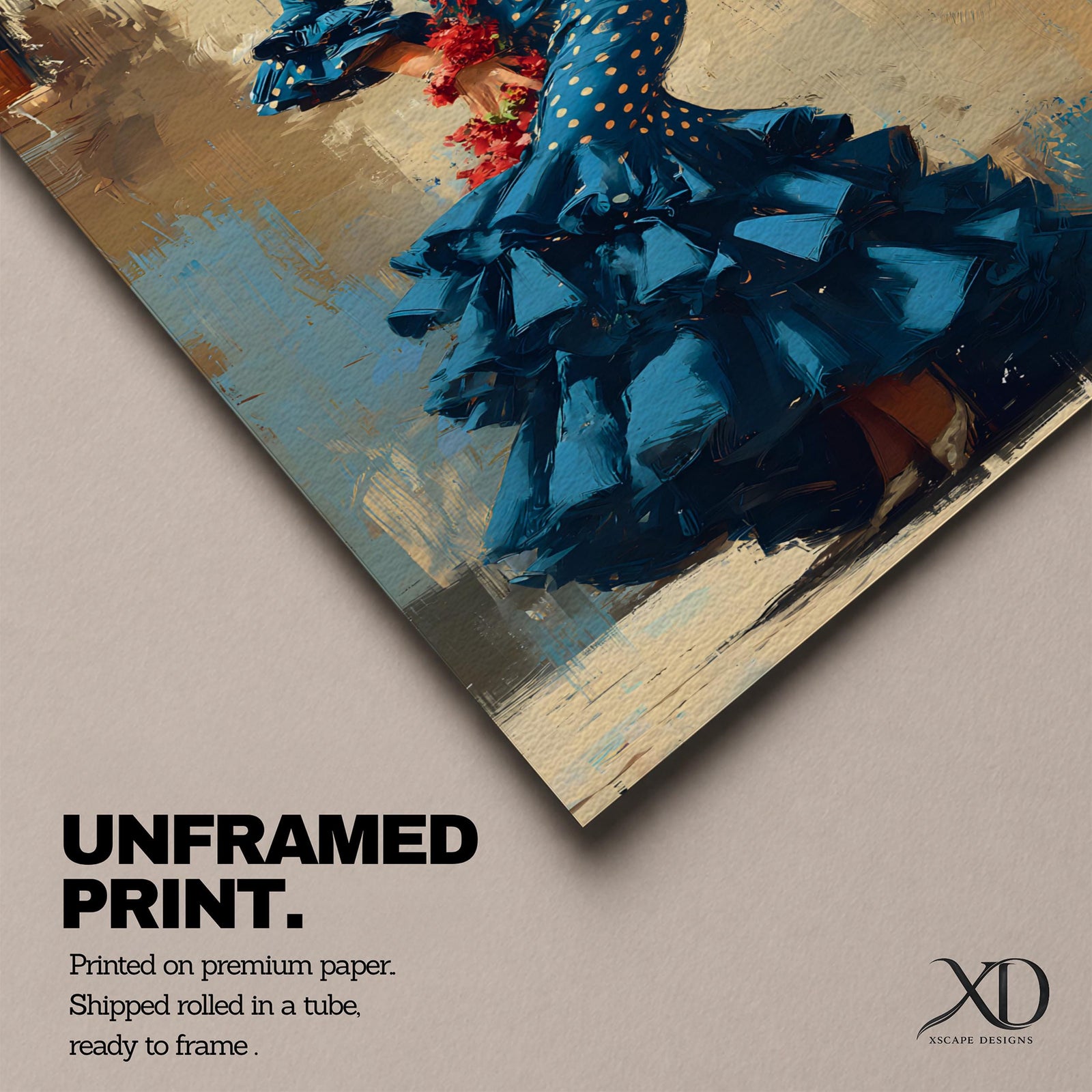 An expressive artwork of a flamenco dancer wearing a deep blue ruffled dress with polka dot patterns, posed mid movement with hands on her hips, adorned with red flowers, rendered in dynamic brushstrokes that capture motion, texture, and the bold energy of traditional Spanish dance.