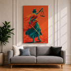 A bold modern artwork depicting Lady Justice as a blindfolded figure holding balanced scales in one hand and a sword in the other, rendered in striking teal tones against a vivid orange background, with flowing drapery and dynamic movement emphasizing strength, balance, and symbolic justice.