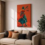 A bold modern artwork depicting Lady Justice as a blindfolded figure holding balanced scales in one hand and a sword in the other, rendered in striking teal tones against a vivid orange background, with flowing drapery and dynamic movement emphasizing strength, balance, and symbolic justice.