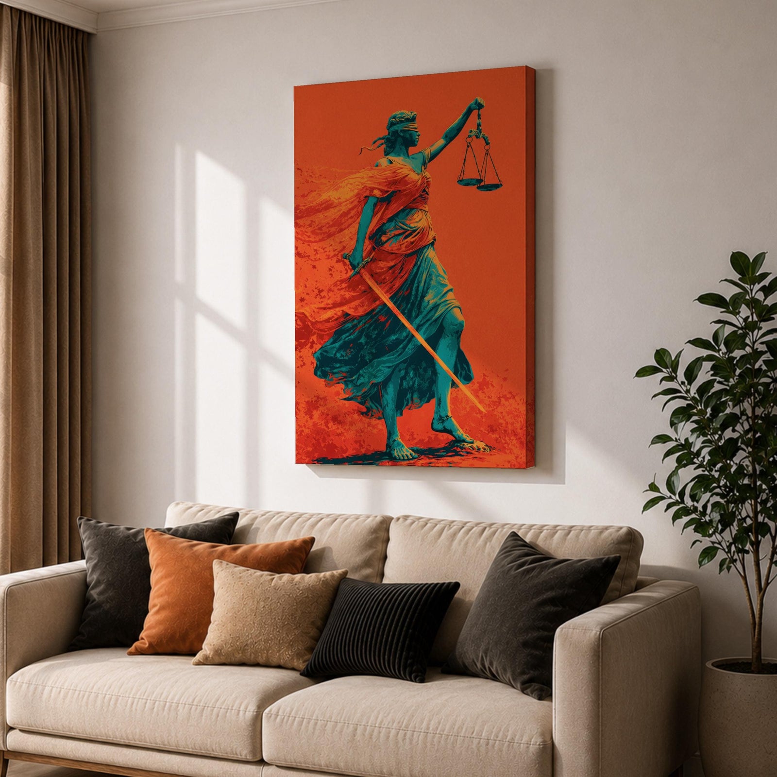 A bold modern artwork depicting Lady Justice as a blindfolded figure holding balanced scales in one hand and a sword in the other, rendered in striking teal tones against a vivid orange background, with flowing drapery and dynamic movement emphasizing strength, balance, and symbolic justice.