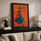 A bold modern artwork depicting Lady Justice as a blindfolded figure holding balanced scales in one hand and a sword in the other, rendered in striking teal tones against a vivid orange background, with flowing drapery and dynamic movement emphasizing strength, balance, and symbolic justice.