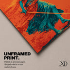 A bold modern artwork depicting Lady Justice as a blindfolded figure holding balanced scales in one hand and a sword in the other, rendered in striking teal tones against a vivid orange background, with flowing drapery and dynamic movement emphasizing strength, balance, and symbolic justice.