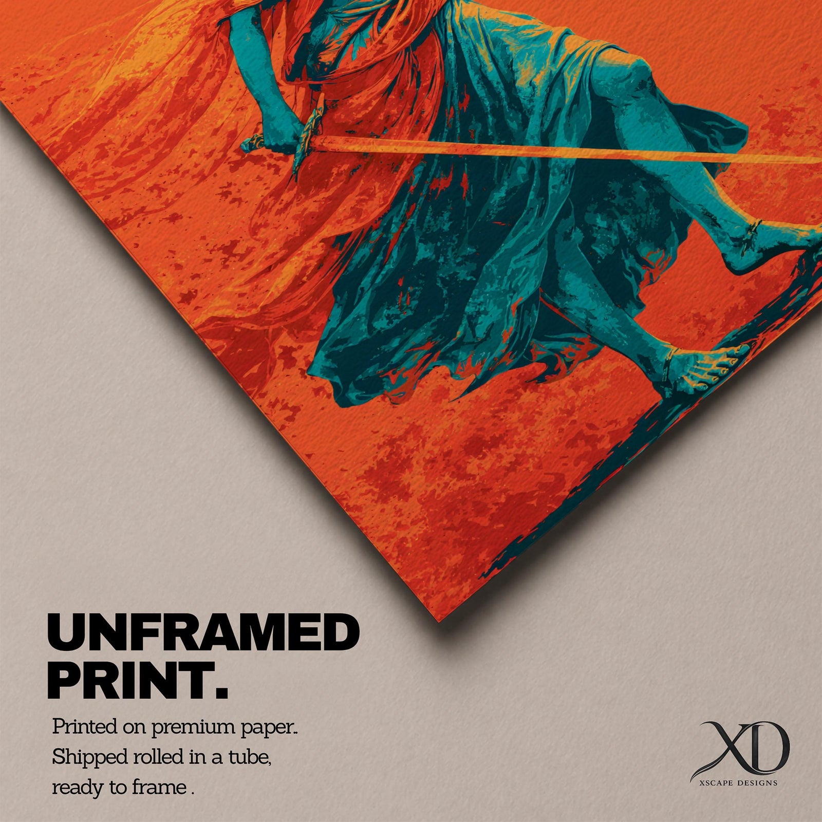 A bold modern artwork depicting Lady Justice as a blindfolded figure holding balanced scales in one hand and a sword in the other, rendered in striking teal tones against a vivid orange background, with flowing drapery and dynamic movement emphasizing strength, balance, and symbolic justice.