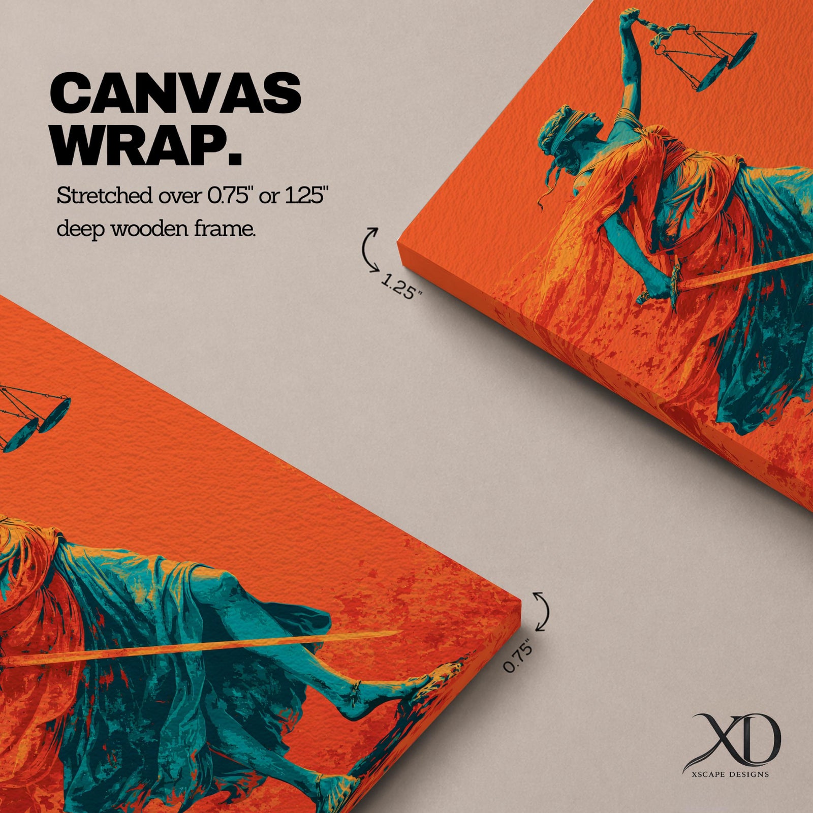 A bold modern artwork depicting Lady Justice as a blindfolded figure holding balanced scales in one hand and a sword in the other, rendered in striking teal tones against a vivid orange background, with flowing drapery and dynamic movement emphasizing strength, balance, and symbolic justice.