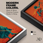 A bold modern artwork depicting Lady Justice as a blindfolded figure holding balanced scales in one hand and a sword in the other, rendered in striking teal tones against a vivid orange background, with flowing drapery and dynamic movement emphasizing strength, balance, and symbolic justice.
