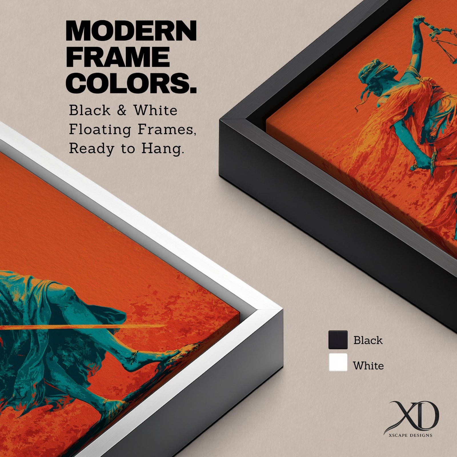 A bold modern artwork depicting Lady Justice as a blindfolded figure holding balanced scales in one hand and a sword in the other, rendered in striking teal tones against a vivid orange background, with flowing drapery and dynamic movement emphasizing strength, balance, and symbolic justice.
