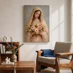 A soft classical depiction of the Blessed Mother holding flowers with the Sacred Heart of Mary, painted in gentle pastel tones symbolizing devotion and purity.