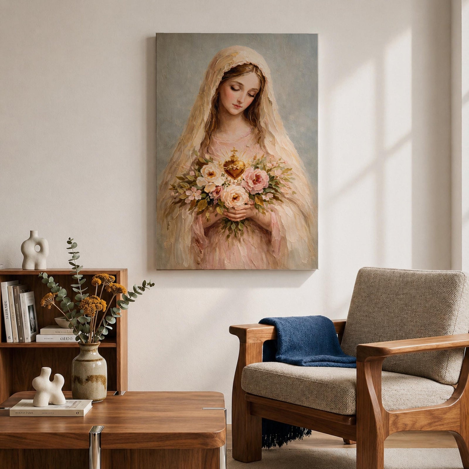 A soft classical depiction of the Blessed Mother holding flowers with the Sacred Heart of Mary, painted in gentle pastel tones symbolizing devotion and purity.