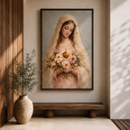 A soft classical depiction of the Blessed Mother holding flowers with the Sacred Heart of Mary, painted in gentle pastel tones symbolizing devotion and purity.