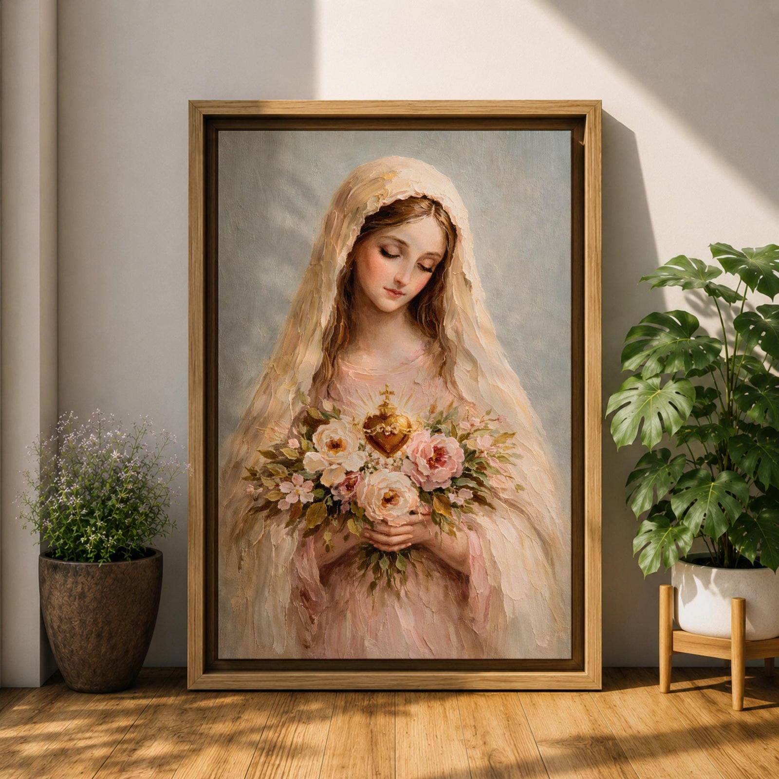 A soft classical depiction of the Blessed Mother holding flowers with the Sacred Heart of Mary, painted in gentle pastel tones symbolizing devotion and purity.