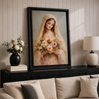 A soft classical depiction of the Blessed Mother holding flowers with the Sacred Heart of Mary, painted in gentle pastel tones symbolizing devotion and purity.