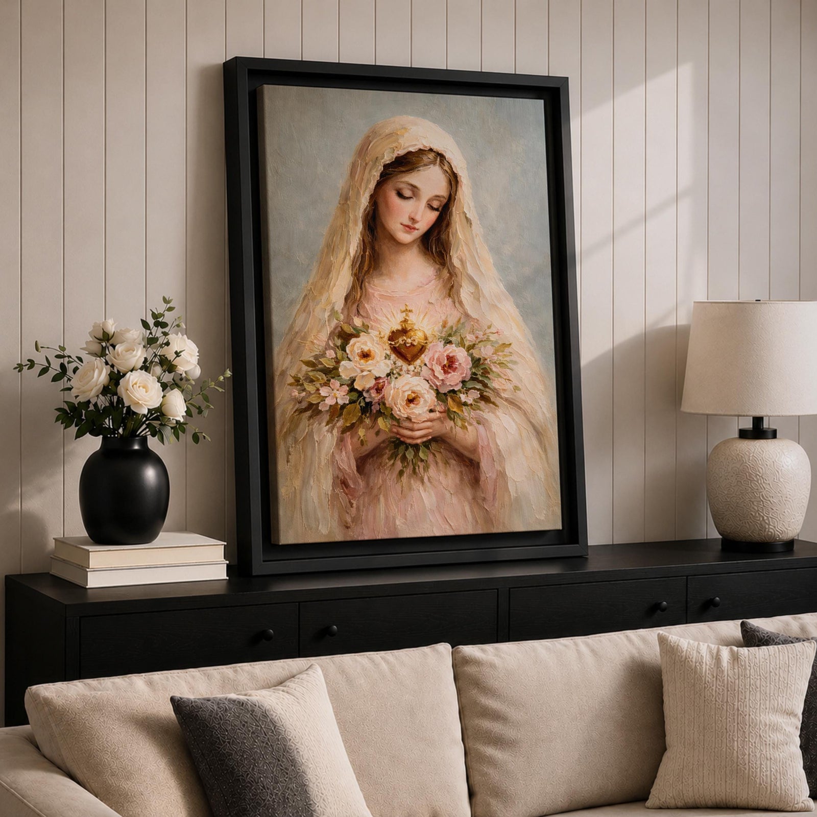 A soft classical depiction of the Blessed Mother holding flowers with the Sacred Heart of Mary, painted in gentle pastel tones symbolizing devotion and purity.