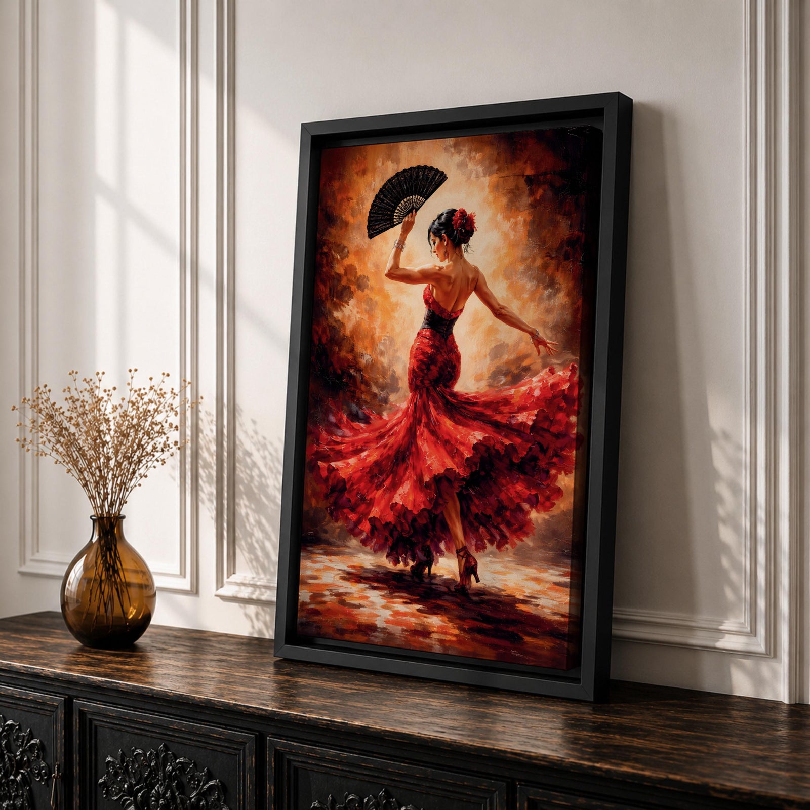 A flamenco dancer captured mid motion wearing a flowing red dress, holding a black fan while turning with dramatic movement, set against a textured warm-toned background with expressive brushwork that emphasizes motion, rhythm, and intensity of Spanish dance culture.