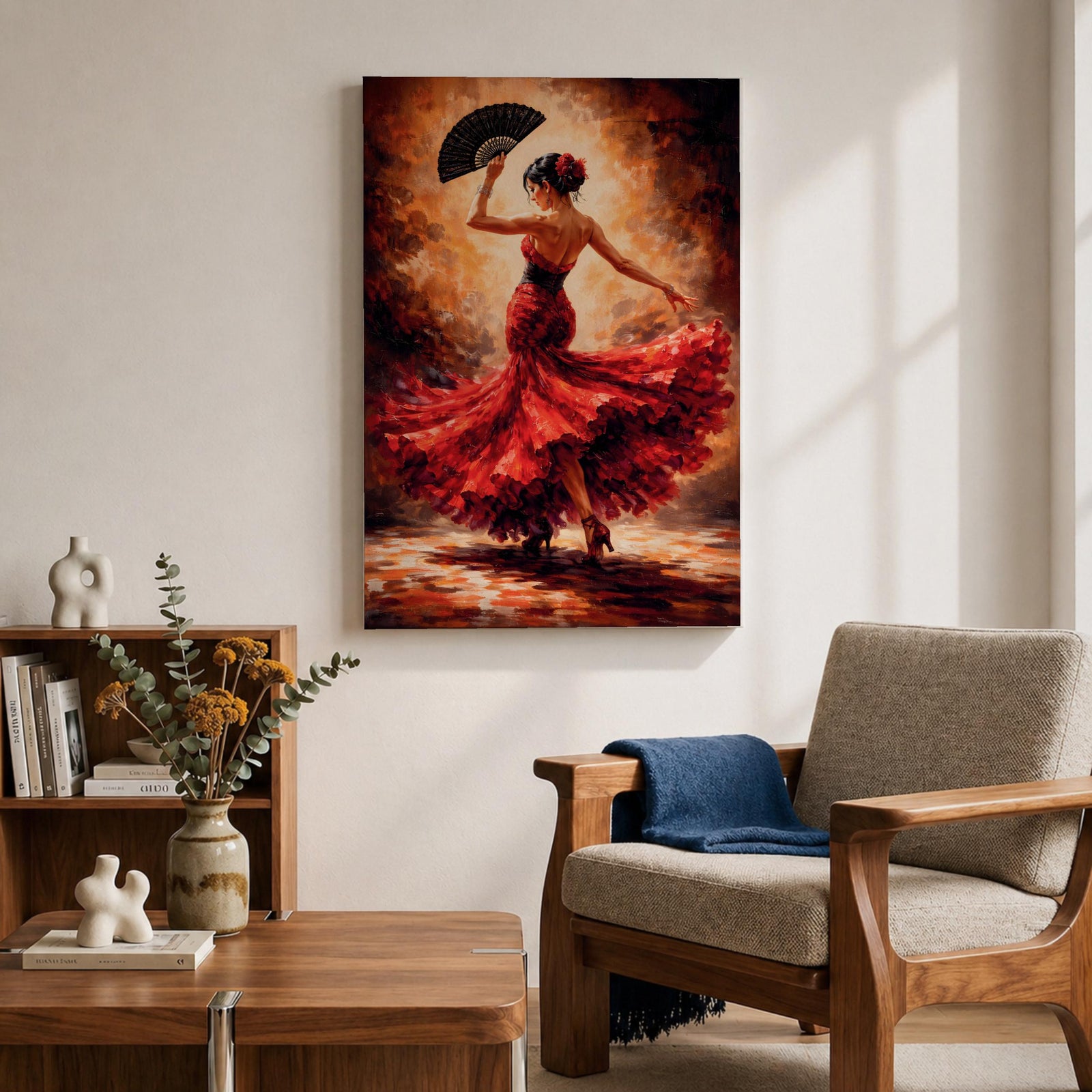 A flamenco dancer captured mid motion wearing a flowing red dress, holding a black fan while turning with dramatic movement, set against a textured warm-toned background with expressive brushwork that emphasizes motion, rhythm, and intensity of Spanish dance culture.