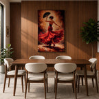 A flamenco dancer captured mid motion wearing a flowing red dress, holding a black fan while turning with dramatic movement, set against a textured warm-toned background with expressive brushwork that emphasizes motion, rhythm, and intensity of Spanish dance culture.