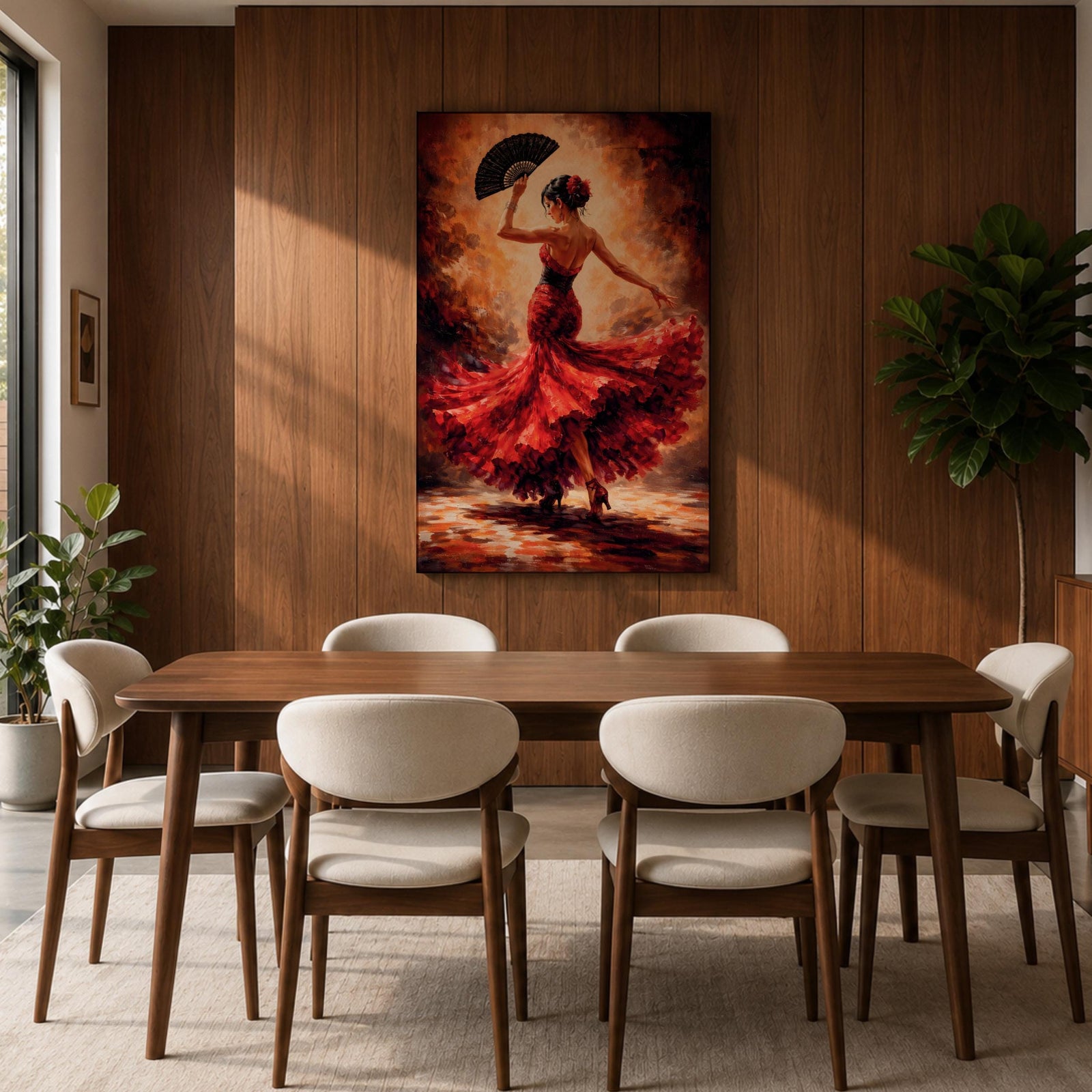 A flamenco dancer captured mid motion wearing a flowing red dress, holding a black fan while turning with dramatic movement, set against a textured warm-toned background with expressive brushwork that emphasizes motion, rhythm, and intensity of Spanish dance culture.