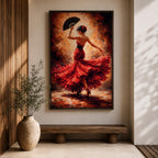 A flamenco dancer captured mid motion wearing a flowing red dress, holding a black fan while turning with dramatic movement, set against a textured warm-toned background with expressive brushwork that emphasizes motion, rhythm, and intensity of Spanish dance culture.