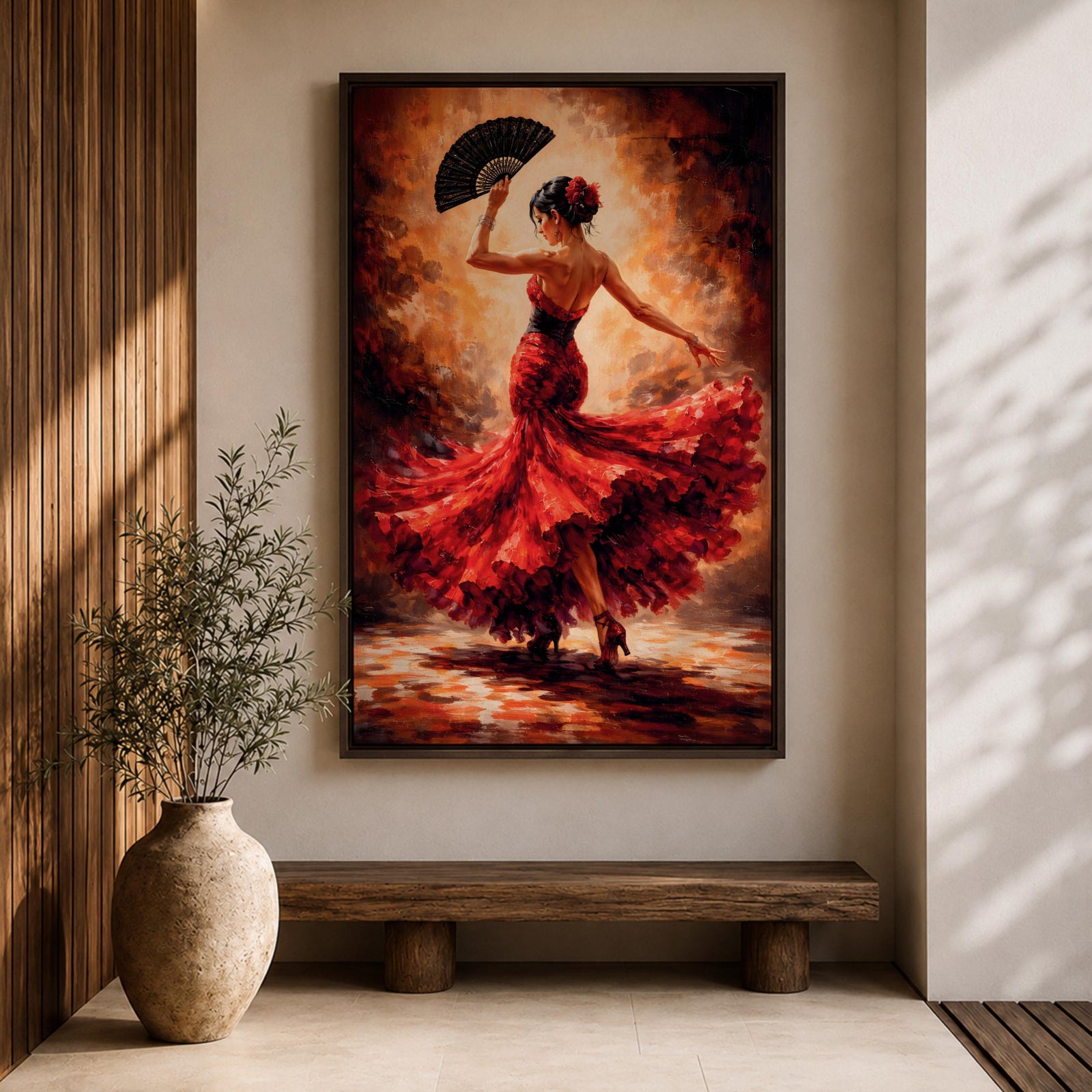 A flamenco dancer captured mid motion wearing a flowing red dress, holding a black fan while turning with dramatic movement, set against a textured warm-toned background with expressive brushwork that emphasizes motion, rhythm, and intensity of Spanish dance culture.